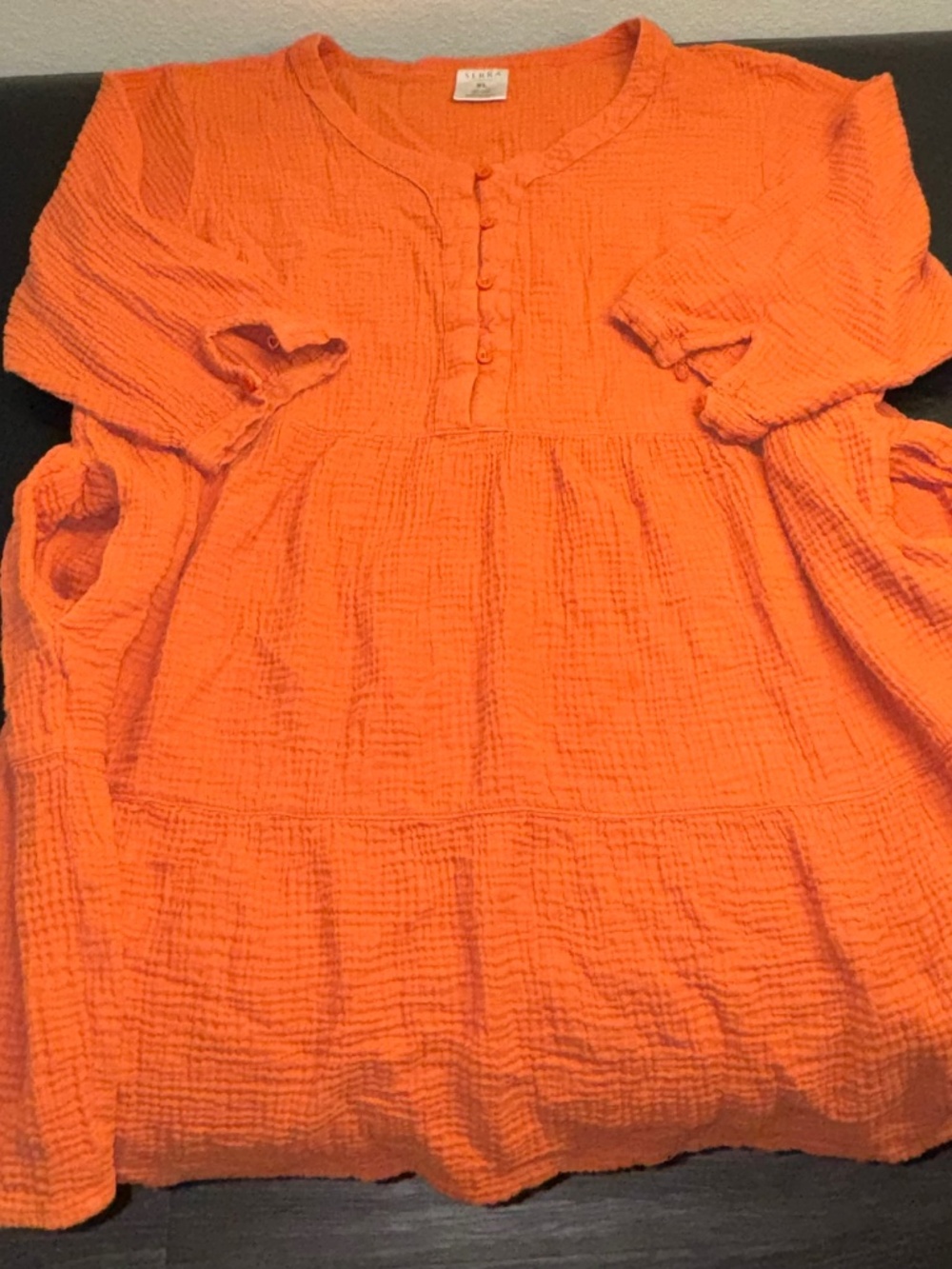 Women's Tiered Mini Dress Burnt Orange Textured Cotton Gauze Babydoll 3/4 Sleeve